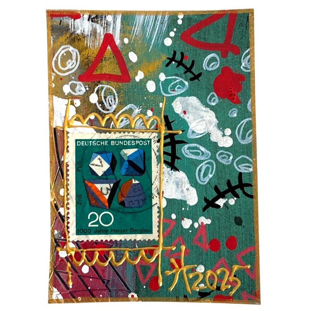 ACEO Original Art Acrylic Collage Mixed Media 3D 1968 Germany Postage Stamp ATC